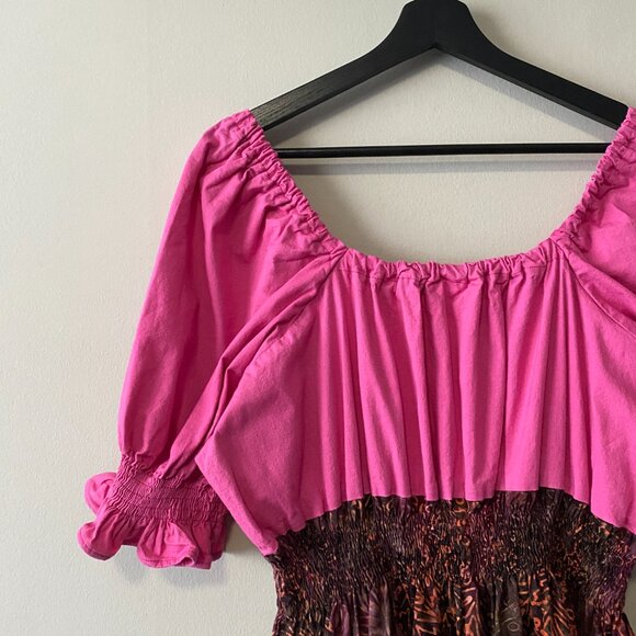 Handmade Plus Size Linen Cotton Batik Pink Multicolour Peasant Dress - Picture 7 of 16